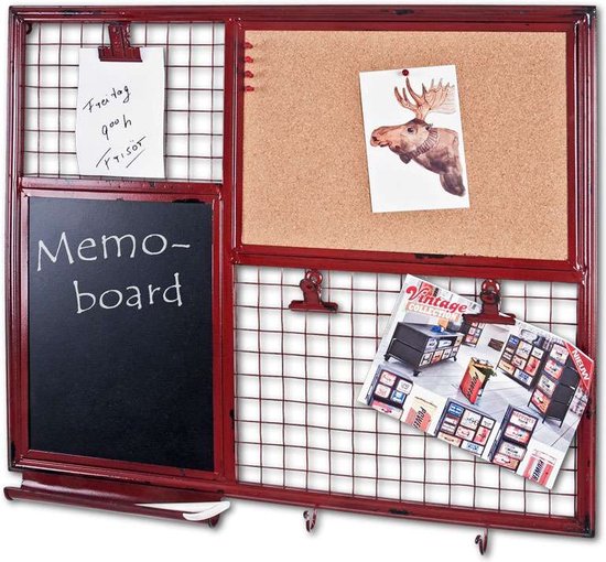Memobord – Rood metaal – Met krijtbord, prikbord, klemmen en ...
