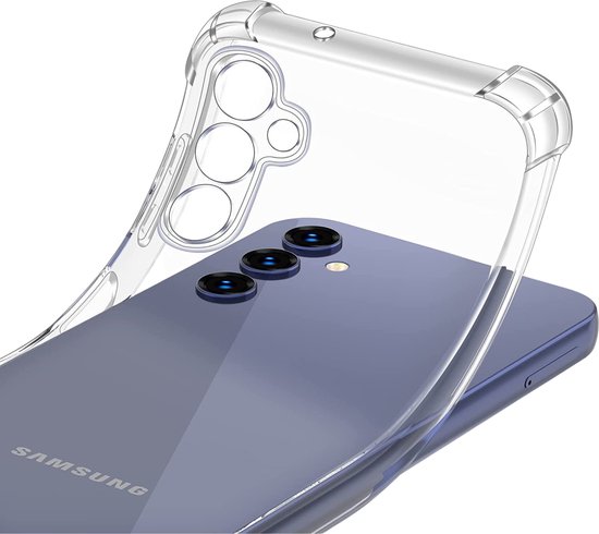 Coque en silicone transparente enveloppant le dos d'un Samsung Galaxy A34 5G, avec section pour objectif.