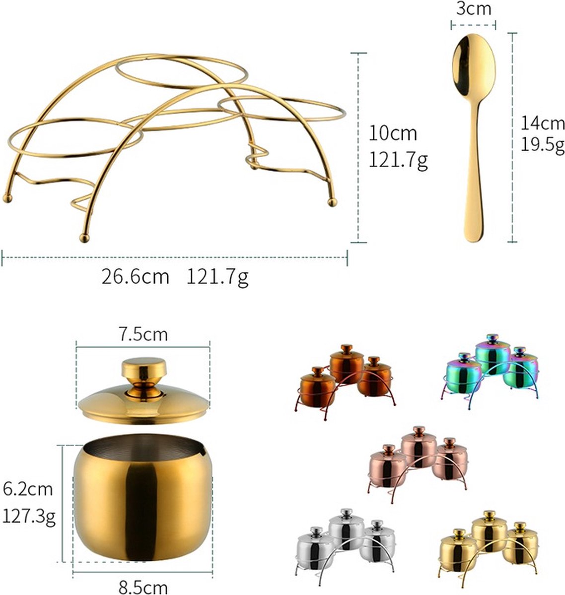 Pot à Sucre/condiments En Acier Inoxydable Doré - Avec Couvercle - Diamètre 7,5 Cm, Hauteur 6,2 Cm - Pour épices, Sel, Sucre, Rangement Cuisine