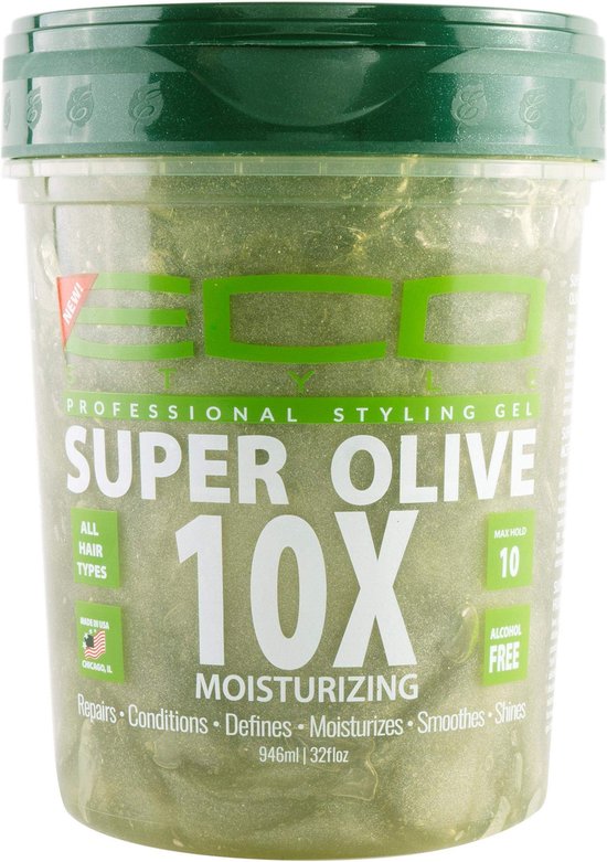 Groene pot Eco Styler Super Olive 10X stylinggel, 946ml 32floz. Alcoholvrij.
