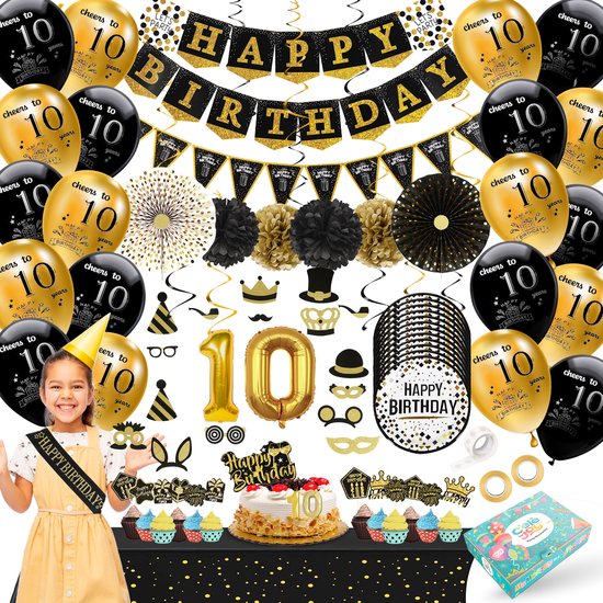 Celejoy® 10 Jaar 92-Delig Zwart & Goud Verjaardags feestpakket - Ballonnen, Slingers & Taarttopper - Voor Jongens, Meisjes - Ultieme Feestdecoratie