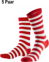 5x Paar sokken gestreept rood/wit 41-46 - Thema feest party disco