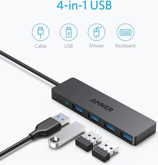 Anker Data Hub 4 poorten USB 3.0 Ultra Dun - USB 3.0 Hub voor 5 Gb/s gegevensoverdracht - Anker