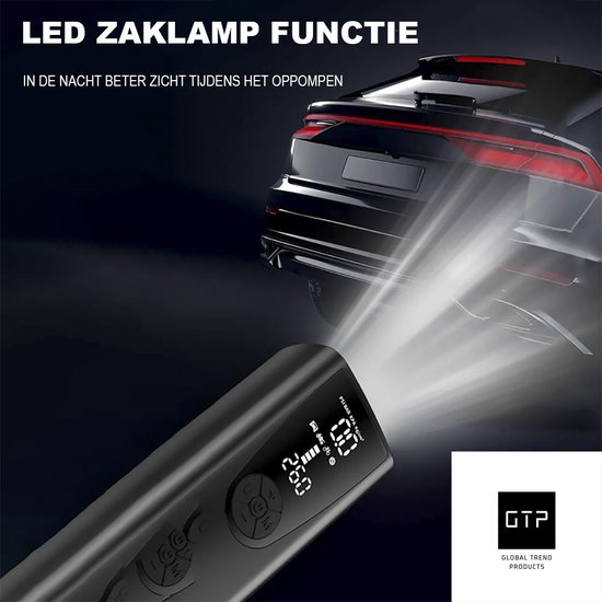 GTP Draagbare Luchtcompressor - Elektrische Bandenpomp - Luchtcompressor Oplaadbaar - Fiets Motor Auto en Ballen - Powerbank - Zaklamp — afbeelding 3