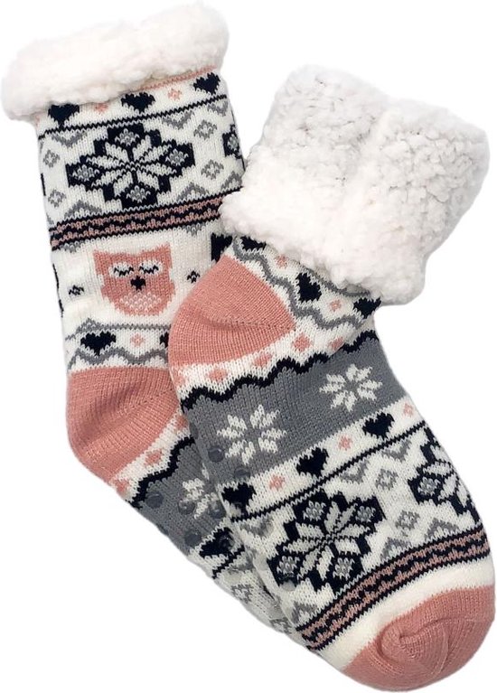 Merino Wollen sokken - Wit grijs met uiltjes - maat 35/38 - Huissokken - Antislip sokken - Warme sokken – Winter sokken