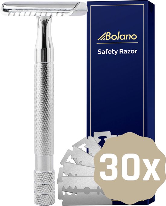 Bolano® Safety Razor Zilver + 30 Double Edge Scheermesjes Klassiek
