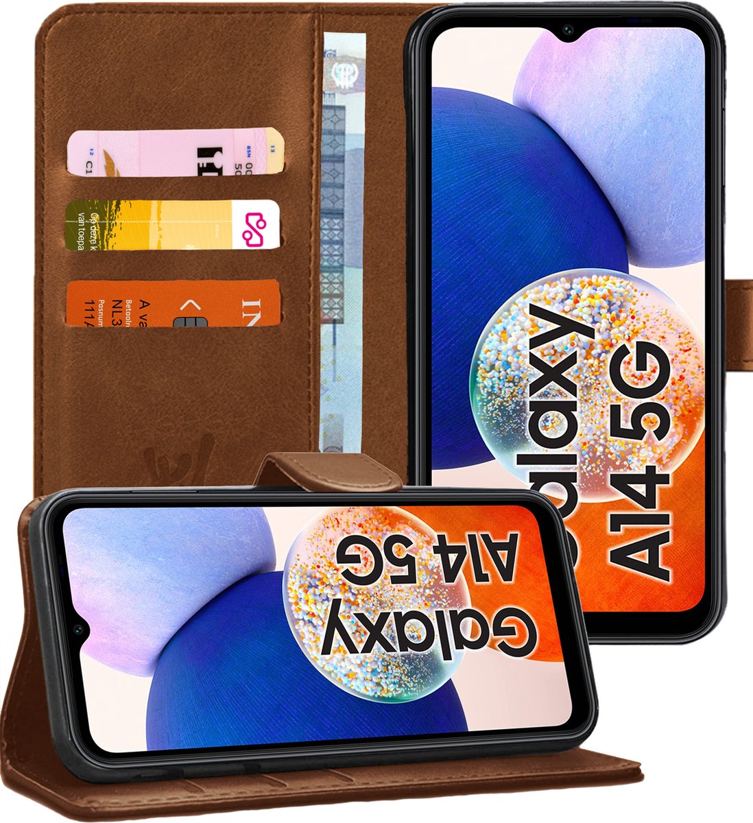 Hoesje geschikt voor Samsung Galaxy A14 - Book Case Kunstleer Pasjeshouder Bruin