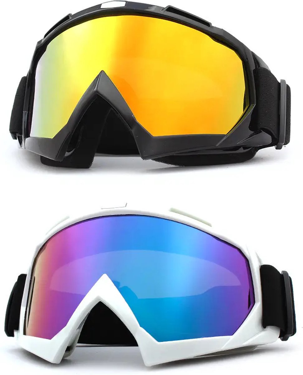 Skibrillen - Snowboardbrillen - Crossbrillen - Set van twee stuks - Zwart Goud Rood Spiegel - Wit Paars Blauw Spiegel