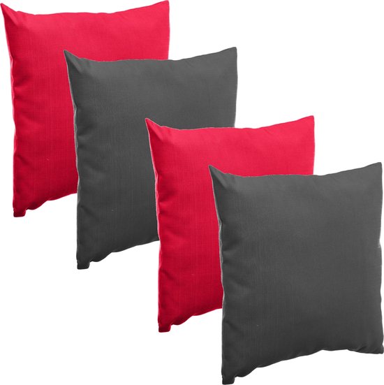 Hesperide Bank/sier/tuin kussens - binnen/buiten - set 4x stuks - rood/antraciet - 40x40 cm