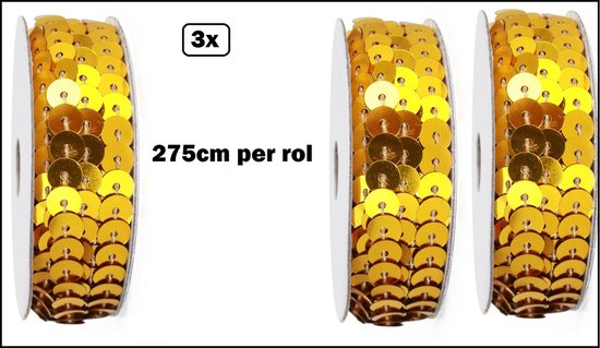 3x Rol Paillettenband goud - 2,75 meter op rol - Thema feest festival party feest pailletten