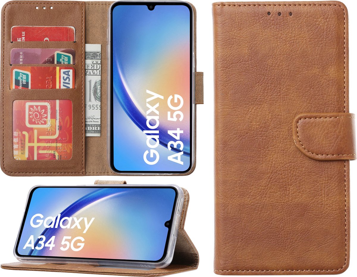 Samsung Galaxy A34 hoesje - Bookcase met pasjeshouder - Bruin