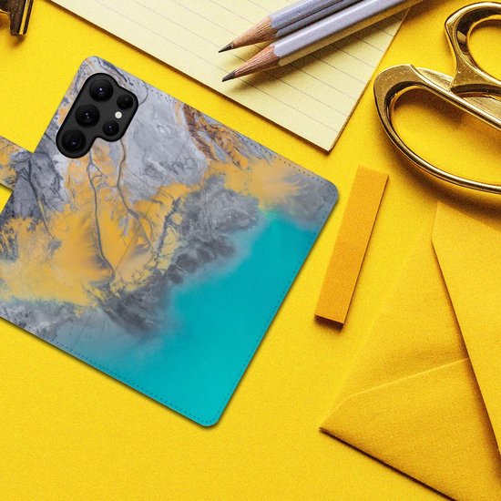 Flip Case Samsung Galaxy S23 Ultra Hoesje Marble Blue Gold