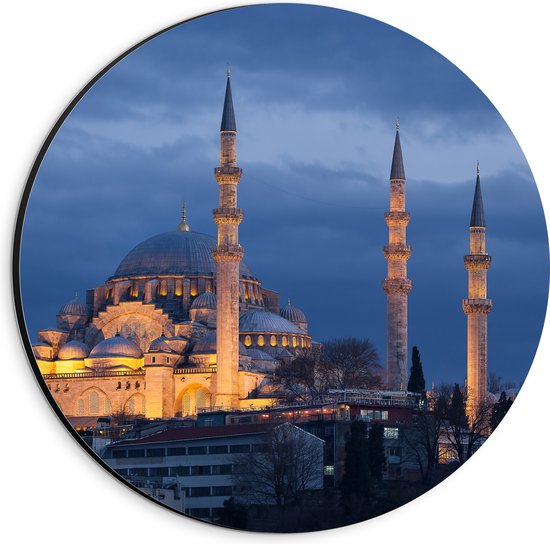 WallClassics - Dibond Muurcirkel - Zijaanzicht van Süleymaniye Moskee in de Nacht in Istanbul, Turkije - 20x20 cm Foto op Aluminium Muurcirkel (met ophangsysteem)