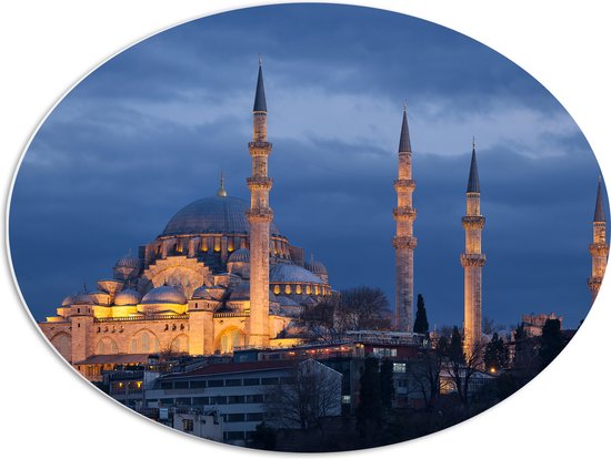 WallClassics - PVC Schuimplaat Ovaal - Zijaanzicht van Süleymaniye Moskee in de Nacht in Istanbul, Turkije - 68x51 cm Foto op Ovaal (Met Ophangsysteem)