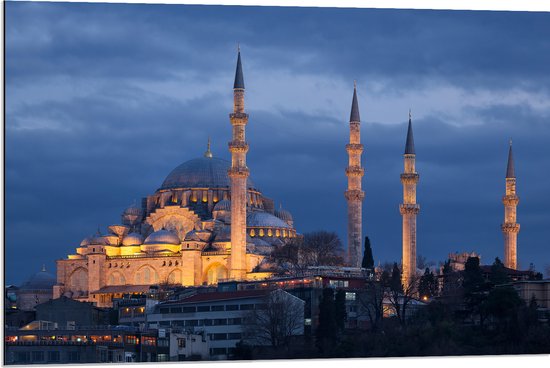 WallClassics - Dibond - Vue latérale de la mosquée Süleymaniye la nuit à Istanbul, Turquie - Photo 90x60 cm sur aluminium (avec système de suspension)