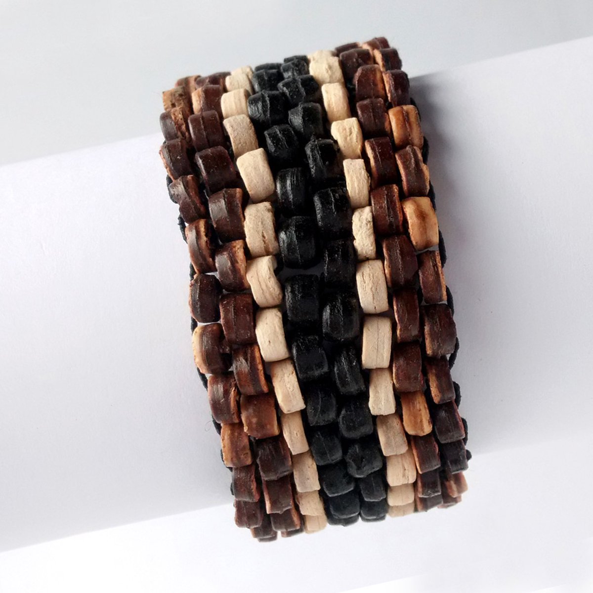Armband kokoskralen - Bruin/Zwart/Beige - 8 kralen breed
