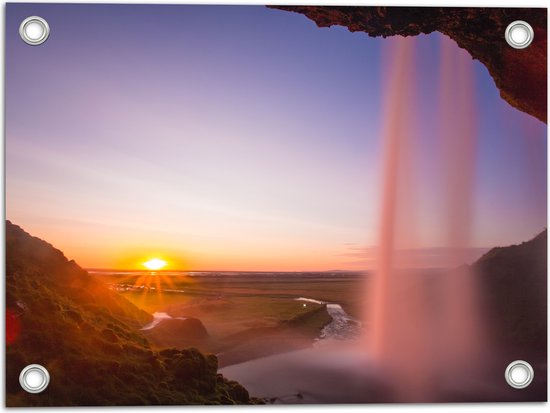 Tuinposter – Achter een Waterval in het Natuur Landschap van IJsland - 40x30 cm Foto op Tuinposter (wanddecoratie voor buiten en binnen)