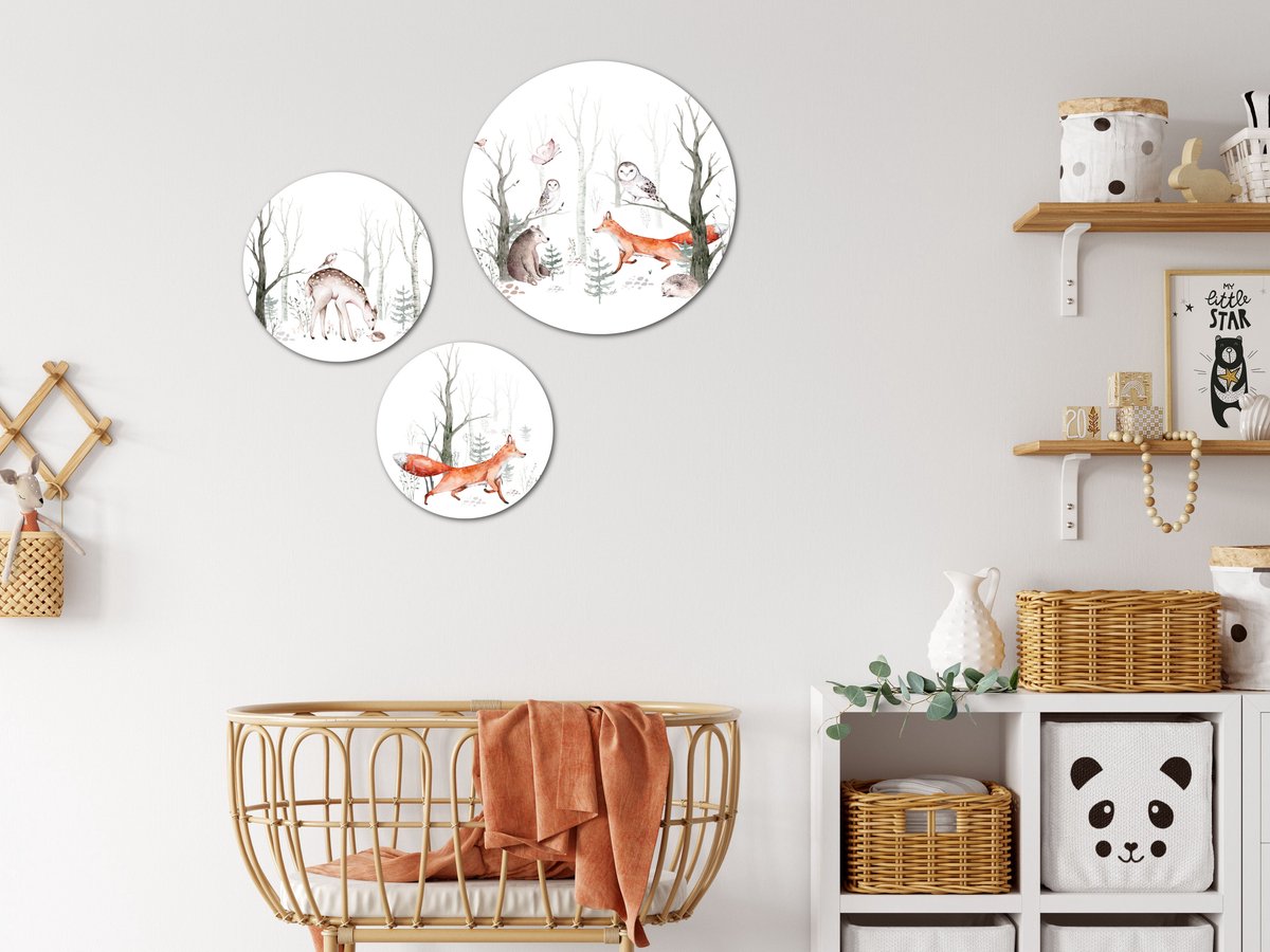 Muurcirkel / Wandcirkel Bosdieren middelgroot - set van 3 muurcirkels - Decoratie kinderkamer / babykamer jongens & meisjes