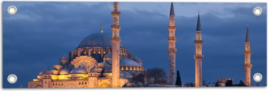 WallClassics - Tuinposter – Zijaanzicht van Süleymaniye Moskee in de Nacht in Istanbul, Turkije - 60x20 cm Foto op Tuinposter (wanddecoratie voor buiten en binnen)