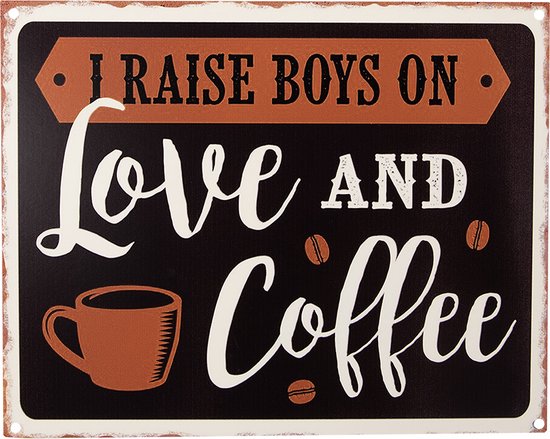 Clayre & Eef Tekstbord 25x20 cm Zwart Bruin Ijzer Love and coffee Wandbord