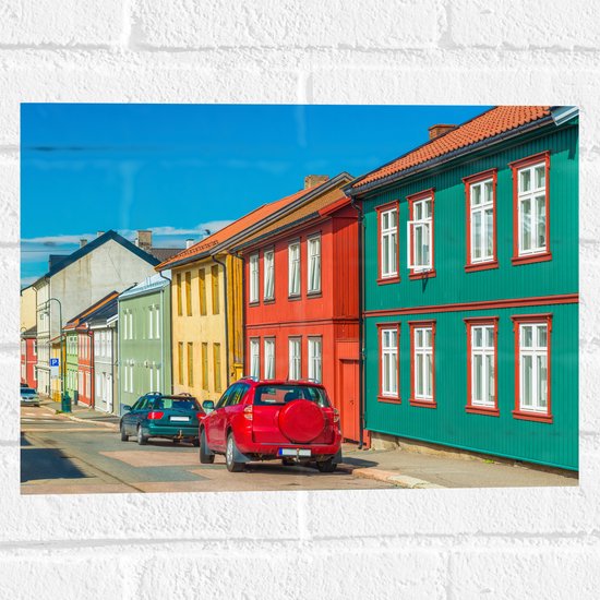 Muursticker - Gekleurde Houten Huisjes in Straatje in Oslo, Noorwegen - 40x30 cm Foto op Muursticker