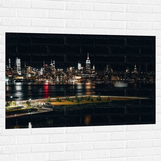 Muursticker - Skyline in New York in de Nacht - 120x80 cm Foto op Muursticker