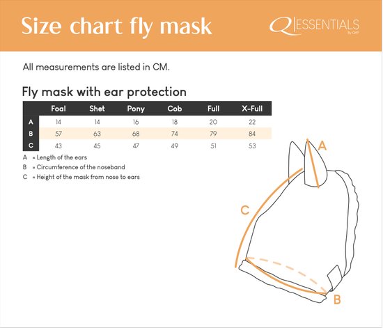 Maattabel voor QHP vliegenmaskers met oorbescherming, maten in CM.