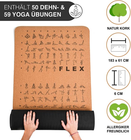 MAYOGA® Yogamat van kurk inclusief extra draagriem, met rek- en yoga-oefeningen, testwinnaar 01/2022 met de noot 1,3, de perfecte kurk-yogamat met 6 mm dikte, 183 x 61 x 0,6 cm — afbeelding 4