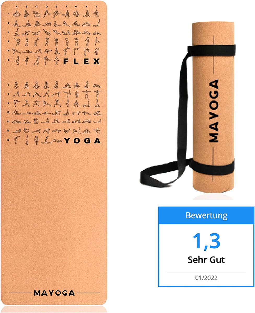 MAYOGA® Yogamat van kurk inclusief extra draagriem, met rek- en yoga-oefeningen, testwinnaar 01/2022 met de noot 1,3, de perfecte kurk-yogamat met 6 mm dikte, 183 x 61 x 0,6 cm