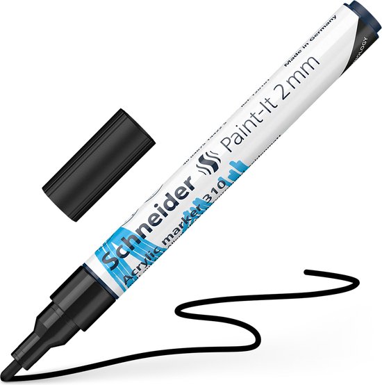 Marqueur acrylique Schneider Paint-It 2mm noir avec son capuchon à côté et une ligne noire.