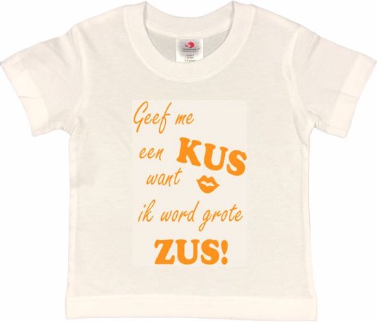 Shirt Aankondiging zwangerschap Geef me een KUS want ik word grote ZUS! | korte mouw | wit/mosterd | maat 86/92 zwangerschap aankondiging bekendmaking