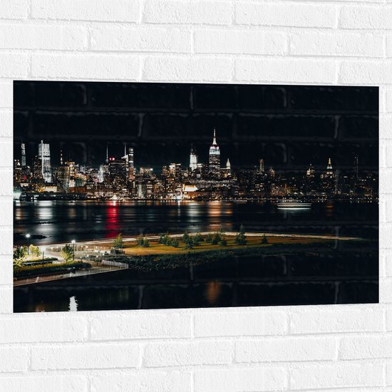 Muursticker - Skyline in New York in de Nacht - 90x60 cm Foto op Muursticker