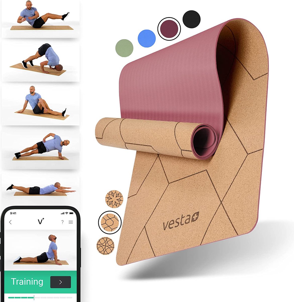 Yogamat kurk TPE + Fitness app – de duurzame kurk yogamat voor de plus in je workout – testwinnaar onder kurkmatten yoga als yogamat kurk, sportmat kurk & yogamat antislip