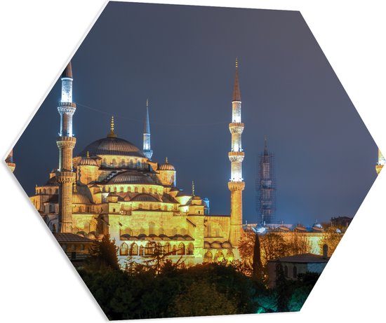 WallClassics - PVC Schuimplaat Hexagon - Sultan AhmetMoskee in de Nacht in Istanbul, Turkije - 70x60.9 cm Foto op Hexagon (Met Ophangsysteem)