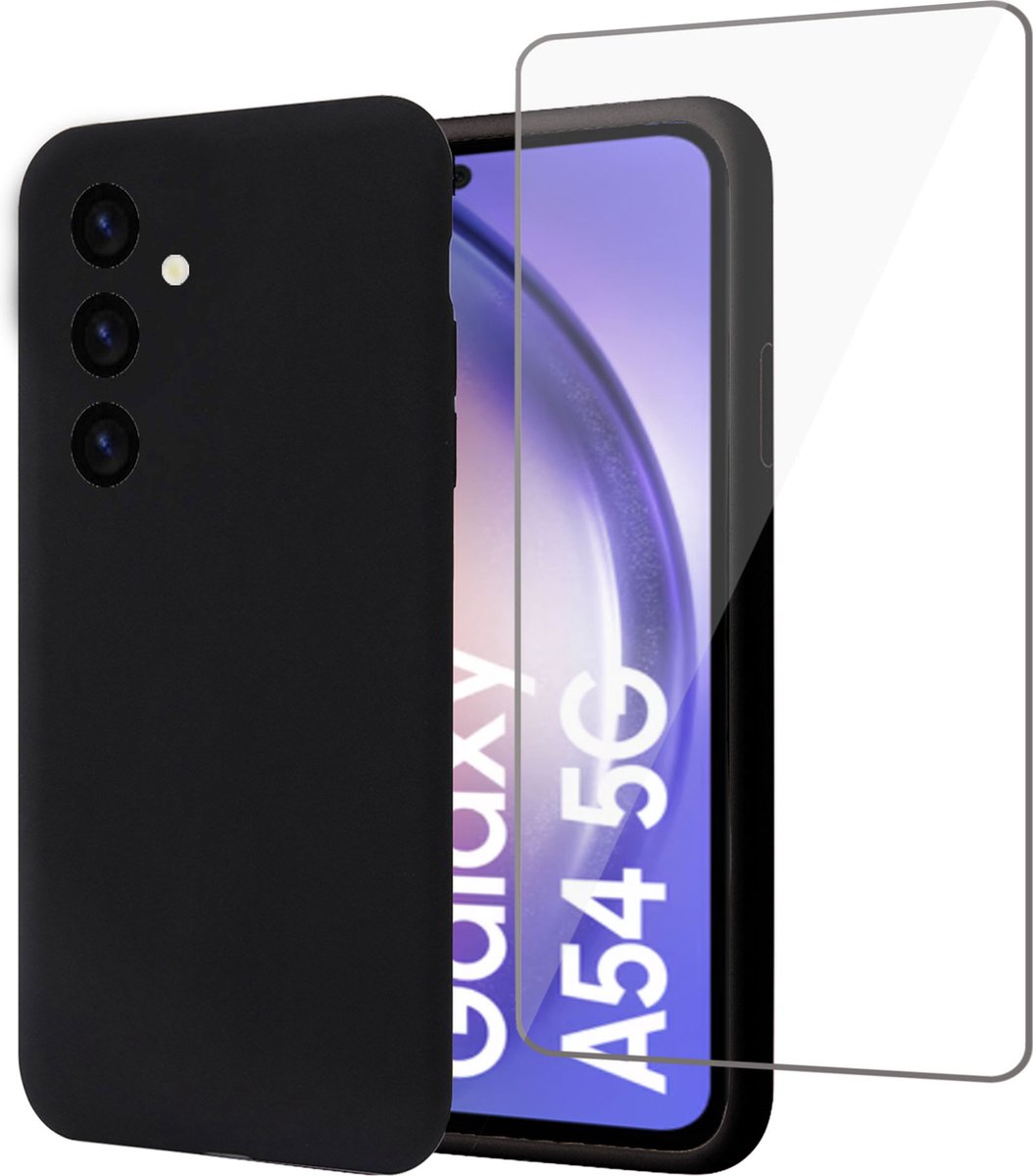 Geschikt voor Samsung A54 Hoesje + Screenprotector – Gehard Glas Cover - Suède Case Zwart