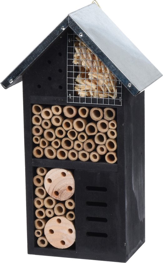 Vlinderhuis/bijenhuis/wespenhotel voor insecten 26 cm zwart met metalen dak - Tuindecoratie - Diervriendelijk - Lieveheersbeestjehuis