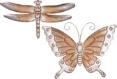 Set van 2x stuks metalen vlinder en libelle lichtbruin/brons 29 en 46 cm tuin decoratie - Tuindecoratie libellen en vlinders