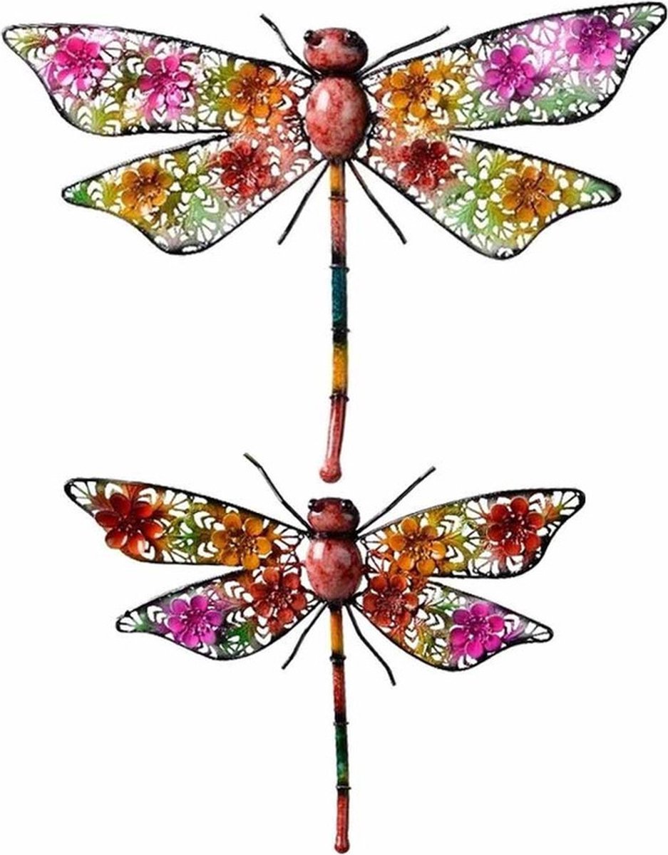 Metalen tuinlibelle - 2x - multikleur - metaal - 29 x 47 cm en 27 x 33 cm - wanddecoratie