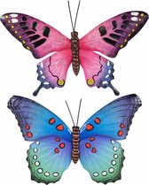 Set van 2x stuks tuindecoratie muur/wand/schutting vlinders van metaal in blauw en roze tinten 48 x 30 cm