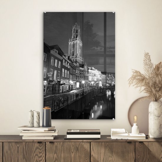 Peinture sur verre - La Tour Dom et l'ancien canal d'Utrecht aux Pays- Nederland - noir et blanc - 40x60 cm - Peintures sur Verre Peintures - Photo sur Glas