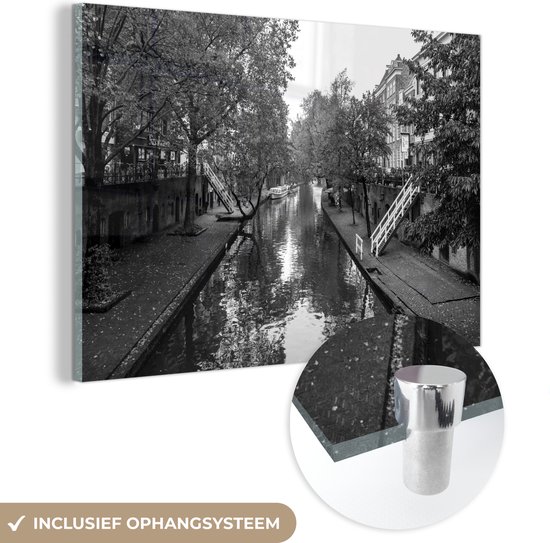 Peinture sur verre - Vue du vieux canal à Utrecht - noir et blanc - 90x60 cm - Peintures sur Verre Peintures - Photo sur Glas