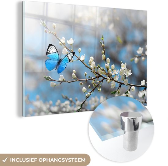MuchoWow® Glasschilderij 120x80 cm - Schilderij acrylglas - Sakura - Vlinder - Lente - Foto op glas - Schilderijen