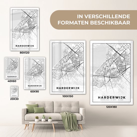 ® Glasschilderij 60x90 cm - Schilderij acrylglas - Kaart - Harderwijk - Zwart - Wit - Foto op glas - Muurdecoratie woonkamer - Wanddecoratie slaapkamer - Schilderijen