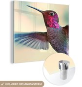 MuchoWow® Glasschilderij 90x90 cm - Schilderij acrylglas - Vogels - Kolibrie - Roze - Foto op glas - Schilderijen