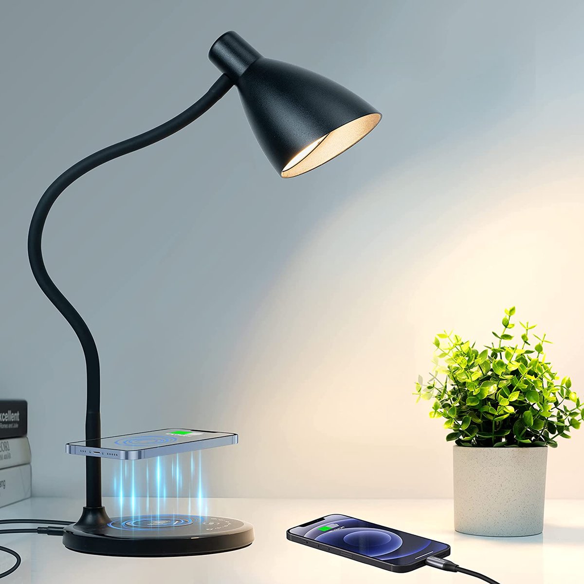 Lampen District® - Bureaulamp met draadloze telefoon oplader - 5 verlichtingsmodes & 7 helderheidsniveaus - Zwanenhals - Tafellamp slaapkamer