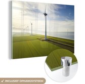 MuchoWow® Glasschilderij 180x120 cm - Schilderij glas - Zee - Windmolen - Nederland - Foto op acrylglas - Schilderijen