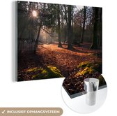 MuchoWow® Glasschilderij 180x120 cm - Schilderij acrylglas - Doorbrekende zon in de bossen van het Engelse Nationaal park New Forest - Foto op glas - Schilderijen
