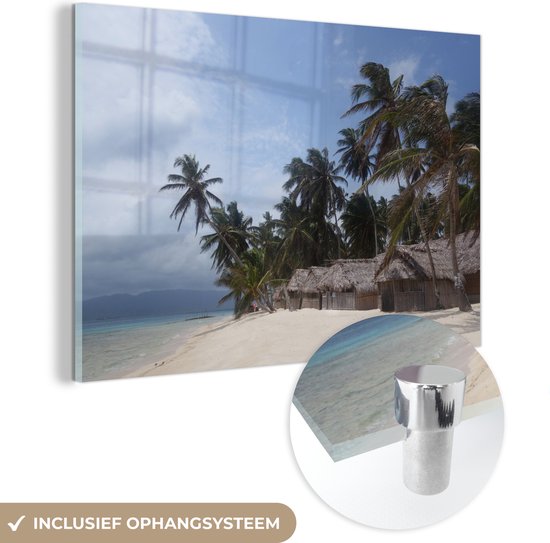 MuchoWow® Glasschilderij 180x120 cm - Schilderij acrylglas - Houten strand hutten bij de San Blas-eilanden in Panama - Foto op glas - Schilderijen