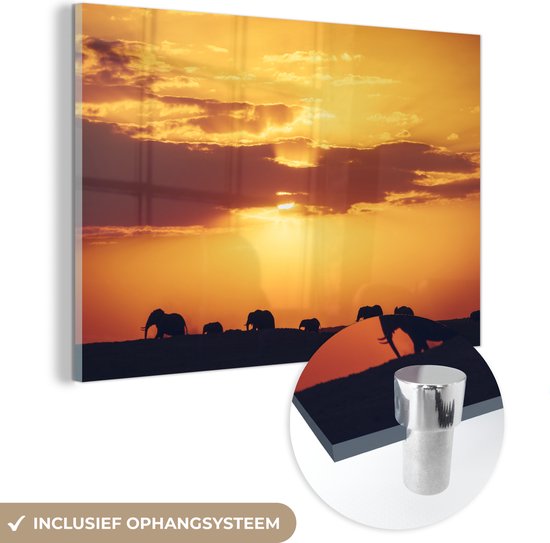 Peinture sur Verre - Éléphants - Animaux - Coucher de Soleil - 180x120 cm - Peintures sur Verre Peintures - Photo sur Glas
