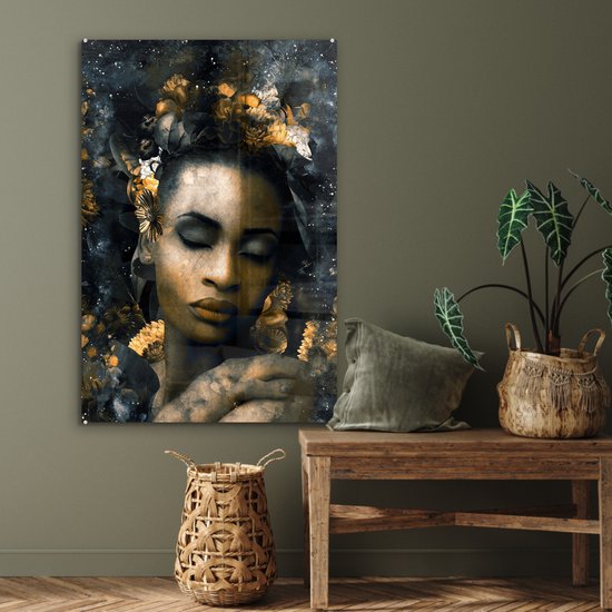 MuchoWow® Glasschilderij 60x90 cm - Schilderij acrylglas - Vrouwen - Abstract - Bloemen - Foto op glas - Schilderijen
